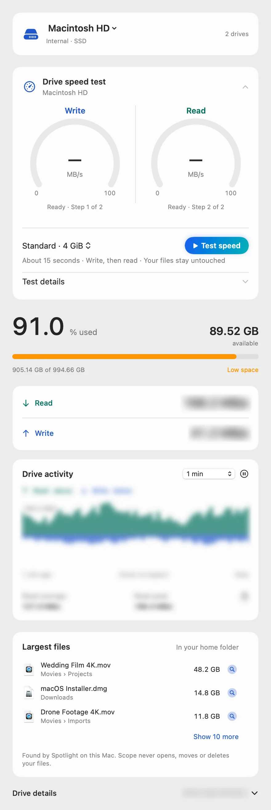 Scope’s Drive panel in Scope Free. Scope Free: Each drive’s used and free space. Scope Pro adds: Live read and write, drive activity, largest files, drive details and the speed test.