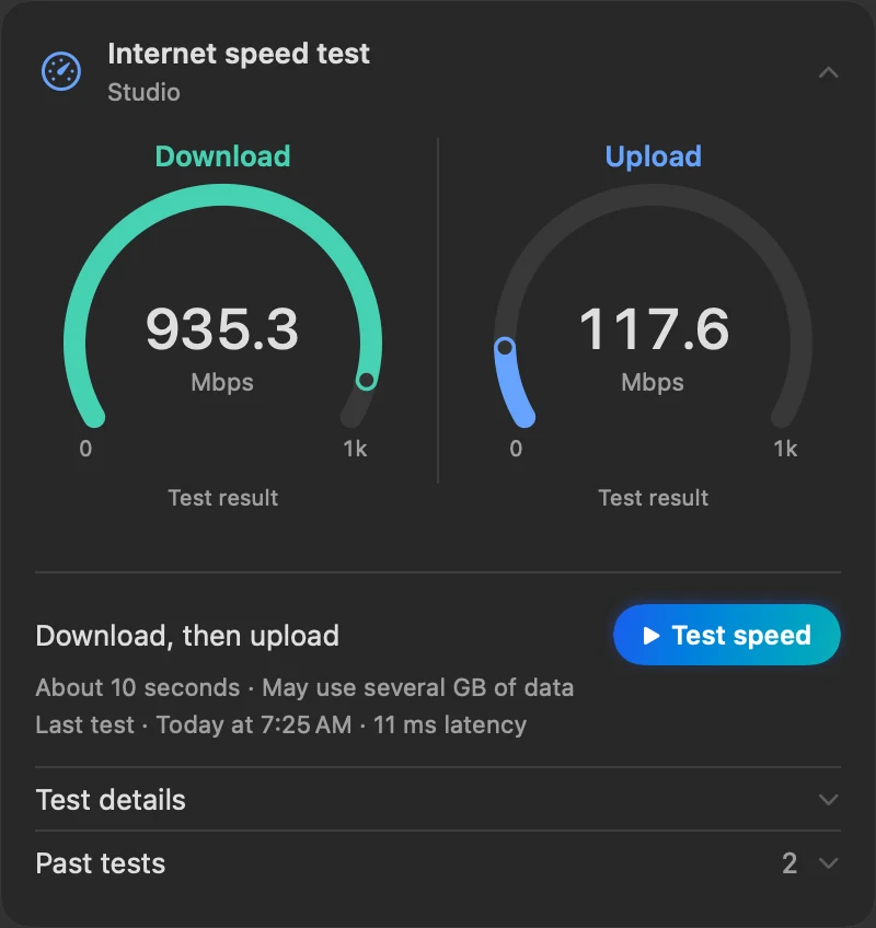 Internet speed test on Studio Wi-Fi: 935.3 Mbps down and 117.6 Mbps up at its last test; a test takes about 10 seconds.